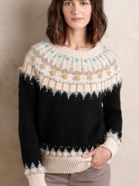 Anthropologie Sleeping on Snow Fair Isle Beaded Yoke Crop Wool Sweater S